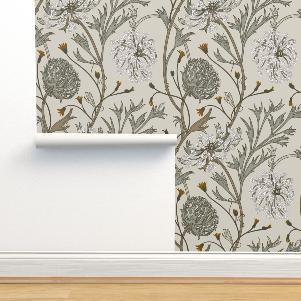 Muted Floral Wildflowers Historical Neutral Botanical Earth Tones Elegant Garden Custom Pre-pasted Wallpaper by Spoonflower Pre-Pasted Wallpaper 2FT Wide